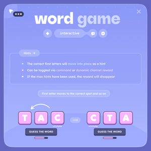 May include: A digital word game interface with a purple background. The text "word game" is at the top. The game features interactive elements, including hints and letter placement. The text "GUESS THE WORD" is at the bottom.