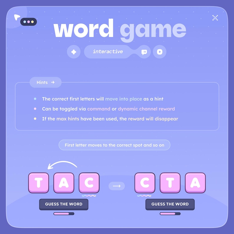 May include: A digital word game interface with a purple background. The text "word game" is at the top. The game features interactive elements, including hints and letter placement. The text "GUESS THE WORD" is at the bottom.