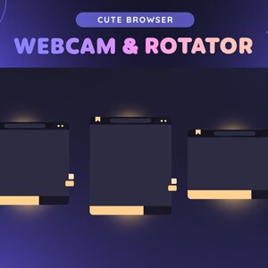 Pu&ograve; includere: Tre finestre del browser con un bagliore giallo, etichettate "Webcam & Rotator" con il testo "Cute Browser" sopra. Le finestre sono su uno sfondo blu scuro.