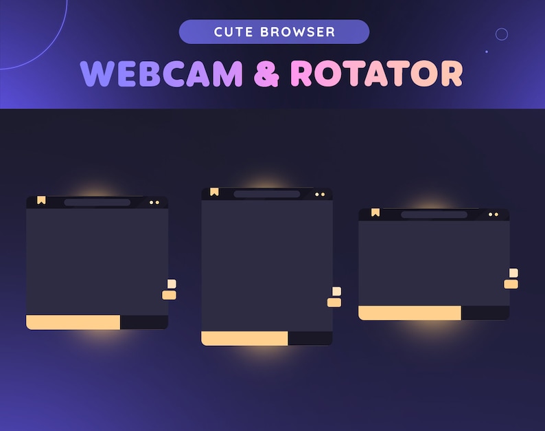 Pu&ograve; includere: Tre finestre del browser con un bagliore giallo, etichettate "Webcam & Rotator" con il testo "Cute Browser" sopra. Le finestre sono su uno sfondo blu scuro.