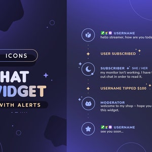 May include: A graphic design illustration of a chat widget with alerts. The illustration shows different icons for various chat events, such as a user subscribing, a user tipping, and a moderator welcoming a new user. The text "CHAT WIDGET WITH ALERTS" is displayed in a large font.