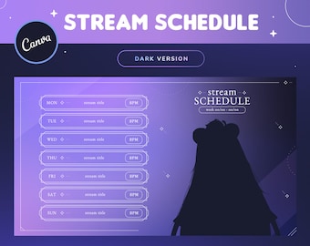 Dark Purple Starry Stream Schedule Template | Minimal Gradient Streamer and Vtuber Weekly Stream Schedule | Twitch Youtube | Canva Template