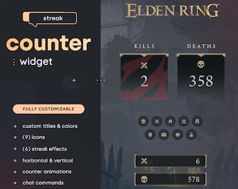 Elden Ring Counter Widget — (6) Streak Effect Animations & (9) Icons // Kill Death Counter for Twitch Streamers | Streamelements OBS