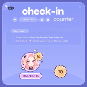 Może przedstawiać: Cyfrowy interfejs z napisami "check-in" i "counter" w białym tekście. Interfejs zawiera opcję dostosowywania, tryby liczenia i awatar z kresk&oacute;wek z wynikiem 10. Interfejs jest w odcieniach fioletu.