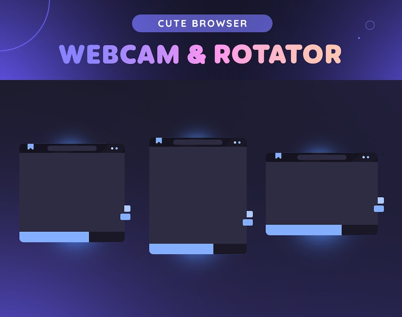 Pu&ograve; includere: Tre finestre del browser con un bagliore blu, ciascuna con uno sfondo grigio scuro e una barra degli indirizzi blu chiaro. Il testo "WEB CAM & ROTATOR" &egrave; nella parte superiore dell'immagine in rosa e bianco.