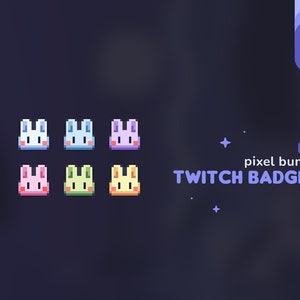 May include: Six pixel art bunny Twitch badges in different colors: light blue, pink, green, yellow, purple, and blue. The badges are arranged in two rows of three. The text "pixel bunny" and "TWITCH BADGES" are below the badges.