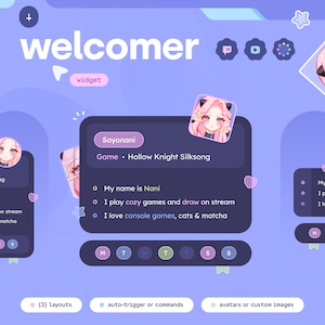 May include: A digital graphic in purple and white, featuring the word "welcomer" and an anime-style profile picture. Text includes "Sayonani," "Hollow Knight Silksong," and bullet points detailing the user's interests in gaming and streaming.