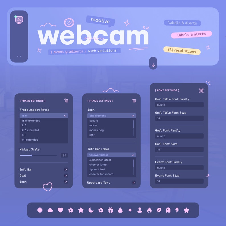 K&ouml;nnte beinhalten: Ein anpassbares Webcam-Overlay mit einem lila und blauen Farbschema. Das Overlay verf&uuml;gt &uuml;ber einen Rahmen mit Optionen f&uuml;r das Seitenverh&auml;ltnis, das Symbol, die Beschriftung der Infobar und die Widget-Skalierung. Das Overlay enth&auml;lt auch Schriftarteneinstellungen f&uuml;r den Zieltitel, das Ziel und den Ereignistext.