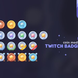May include: 16 colorful coin medal Twitch badges with star, laurel wreath, sword, and shield designs.