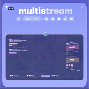 May include: A digital interface with the word "multistream" in a light blue font. The interface includes chat windows with customizable features, user names, and platform options. The background is a blurred image.