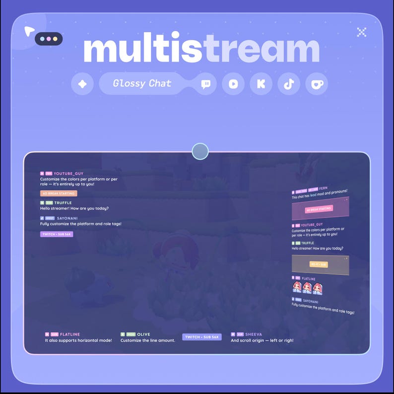 May include: A digital interface with the word "multistream" in a light blue font. The interface includes chat windows with customizable features, user names, and platform options. The background is a blurred image.