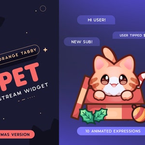 Weihnachten Orange Tabby Katze Stream Haustier | Weihnachtsgeschenk Animierte Kitty Maskottchen Twitch Widget | Reagiert auf Ereignisse und benutzerdefinierte Anweisungen | 10 Ausdrücke