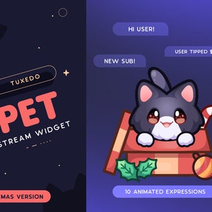 Tuxedo Katze Weihnachten Stream Haustier | Weihnachtsgeschenk Animiertes Kitty Maskottchen Twitch Widget | Reagiert auf Ereignisse und benutzerdefinierte Anweisungen | 10 Ausdrücke