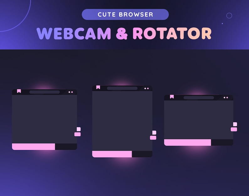Pu&ograve; includere: Tre finestre del browser con un bagliore rosa, etichettate "Webcam & Rotator" con il testo "Cute Browser" sopra.