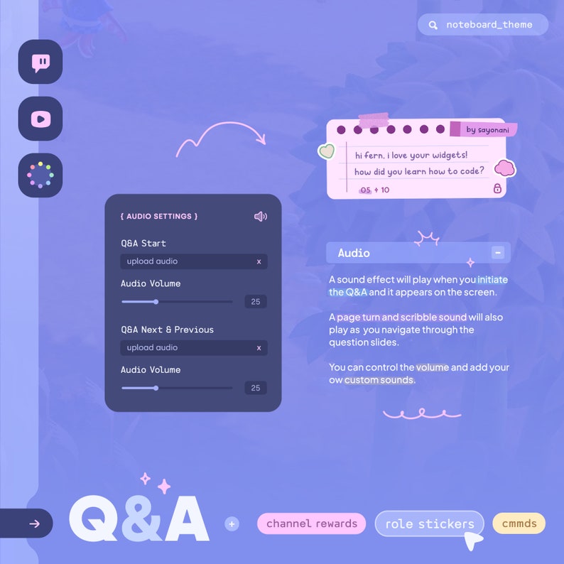 May include: A blue and purple screen with a Q&A section. The Q&A section has a text box for uploading audio and a slider to adjust the audio volume. The screen also has a section for channel rewards, role stickers, and commands.