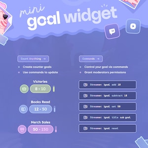 May include: A digital graphic with the text "mini goal widget" in white. The image displays goal tracking options for victories, books read, and merch sales, with command options for streamers. The background is a gradient of blue and purple.