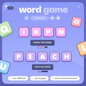 以下が含まれることがあります： 紫色の背景にデジタルワードゲームのインターフェース。ゲームは「PEACH」と「IKPN」の文字タイルを表示します。「word game」、「interactive」、「Guess the Word」、「Nani has won！」などのテキストが含まれています。追加のテキストは、1300以上の単語、6つの言語、およびチャンネル報酬を示しています。