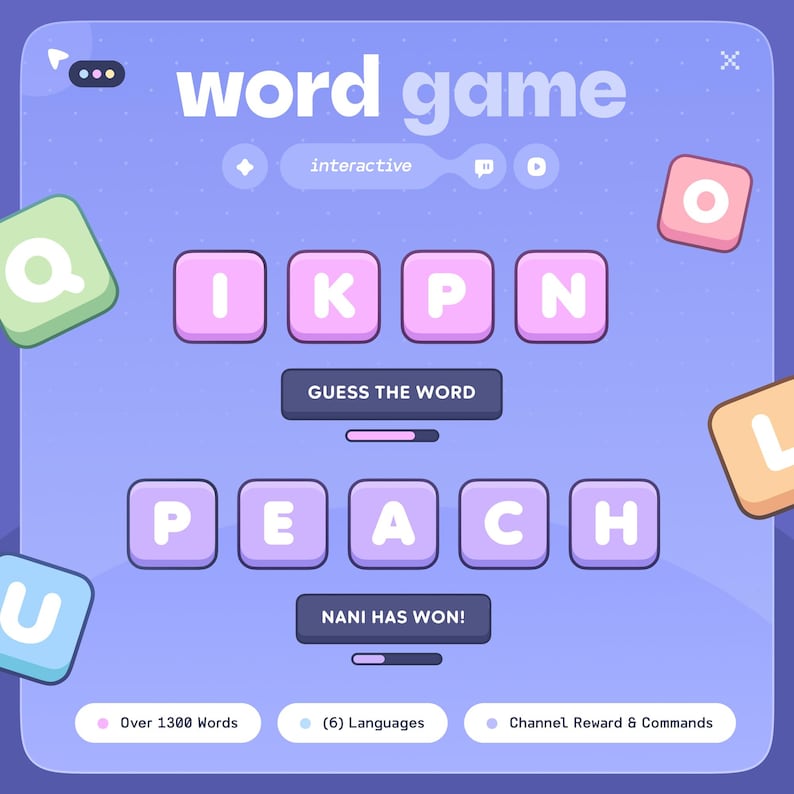 May include: A digital word game interface with a purple background. The game features letter tiles spelling "PEACH" and "IKPN". Text includes "word game", "interactive", "Guess the Word", and "Nani has won!". Additional text indicates over 1300 words, 6 languages, and channel rewards.