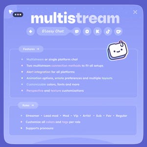 May include: A light purple graphic with the word "multistream" in white. The image lists features such as multistream chat, alert integration, and customizable colors. It also lists roles like Streamer, Mod, and VIP.