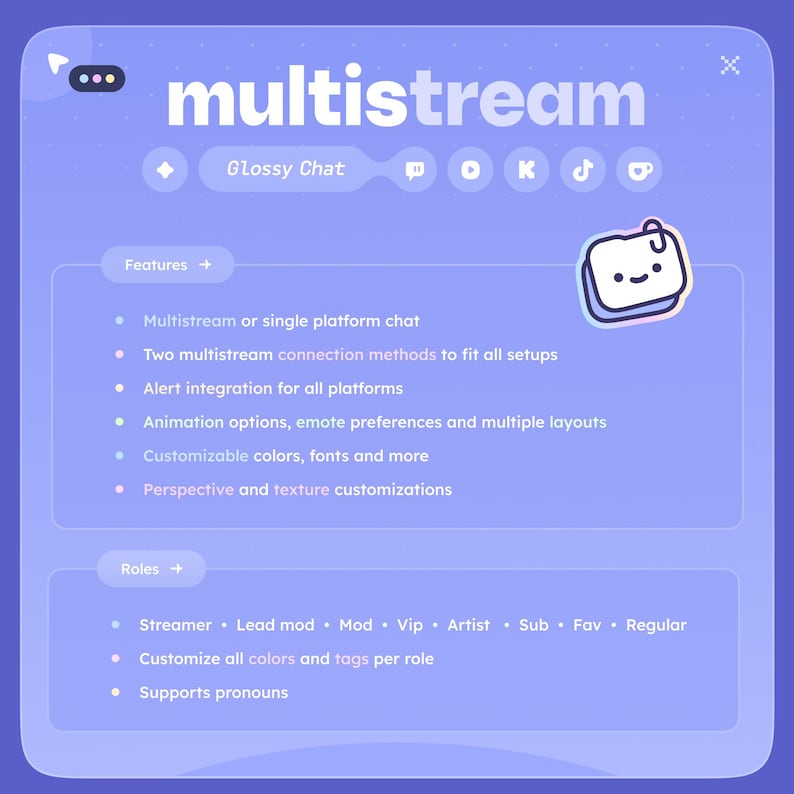 May include: A light purple graphic with the word "multistream" in white. The image lists features such as multistream chat, alert integration, and customizable colors. It also lists roles like Streamer, Mod, and VIP.