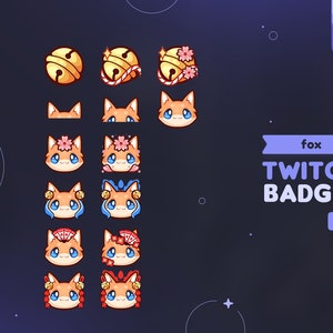 Fox Twitch Sub & Bits Badges || 14 Cute Kitsune Japanese Ornaments Fox Loyalty Badges | Sakuras, bells, ribbons