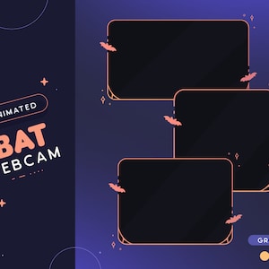 May include: Animated bat webcam overlay with three black rectangular frames with a gradient background. The text "ANIMATED BAT WEBCAM" is in the upper left corner. The text "GRADIENT" is in the lower right corner with three colored circles.