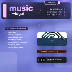 Op de afbeelding: Een aanpasbare muziekwidget voor Twitch, met een blauwe achtergrond en een donkerblauwe muziekspeler. De speler toont de titel van het nummer "halycon spiritbox" en de artiest "ellie goulding". De widget bevat ook een play/pause-knop, een voortgangsbalk en een volume-regelaar.