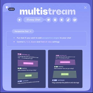 May include: A digital interface with the word "multistream" in white. The interface includes options for "Glossy Chat" and a "Perspective Tool." It also shows chat customization options with text like "YouTube_Guy" and "Truffle."