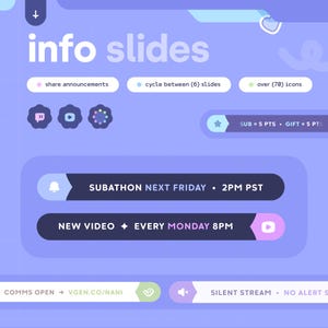 Può includere: Una grafica digitale con il testo "info slides". L'immagine include icone e caselle di testo con informazioni su annunci, diapositive e icone. La grafica include anche il testo "SUBATHON NEXT FRIDAY 2PM PST" e "NEW VIDEO EVERY MONDAY 8PM".