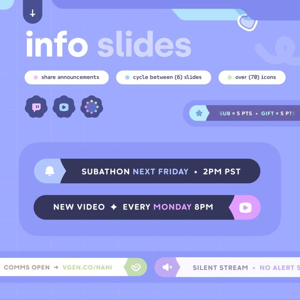 Info Slides & Announcement Widget  ⟢  (6) Info Rotating Slides  •  Over (70) Icons  •  Customizable  ⋮ Twitch Youtube Streamelements OBS