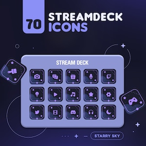 Sternenhimmel Streamdeck Icon Set | 70+ Purple Sky Icon Pack für Elgato Streamdeck + 2 Bildschirmschoner | Twitch Streamer-Assets