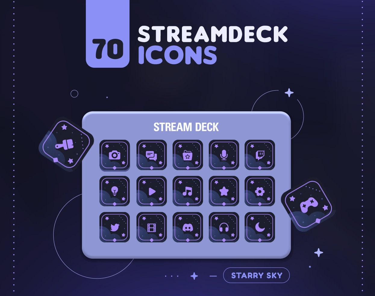 Starry Sky Streamdeck Icon Set | 70+ Purple Sky Icon Pack for Elgato Streamdeck + 2 Screensavers | Twitch Streamer Assets