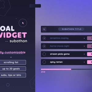 Goal Widget — Subathon Scrolling Goal List | Minimal Customizable 20 Goal List for Twitch Streamers | Streamelements OBS