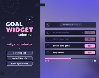 Goal Widget — Subathon Scrolling Goal List | Minimal Customizable 20 Goal List for Twitch Streamers | Streamelements OBS