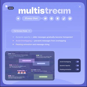 May include: A digital interface for "multistream" with a purple and blue color scheme. Features include dynamic opacity, avoiding overlapping messages, and floating animation. The interface displays chat messages and settings.