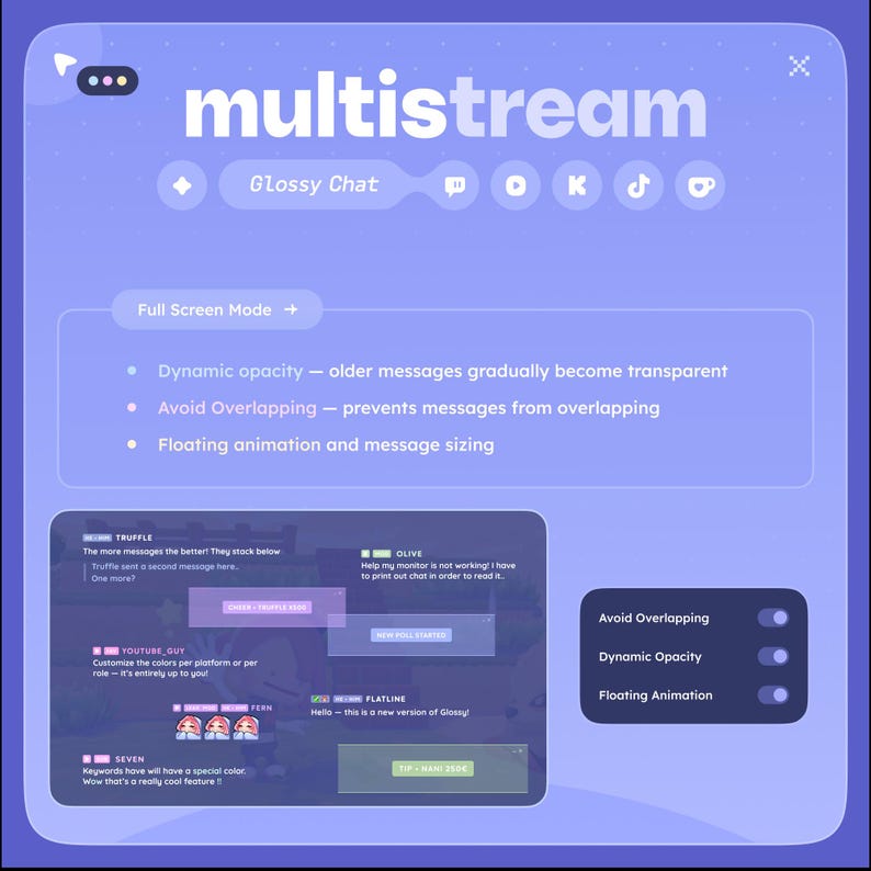 May include: A digital interface for "multistream" with a purple and blue color scheme. Features include dynamic opacity, avoiding overlapping messages, and floating animation. The interface displays chat messages and settings.