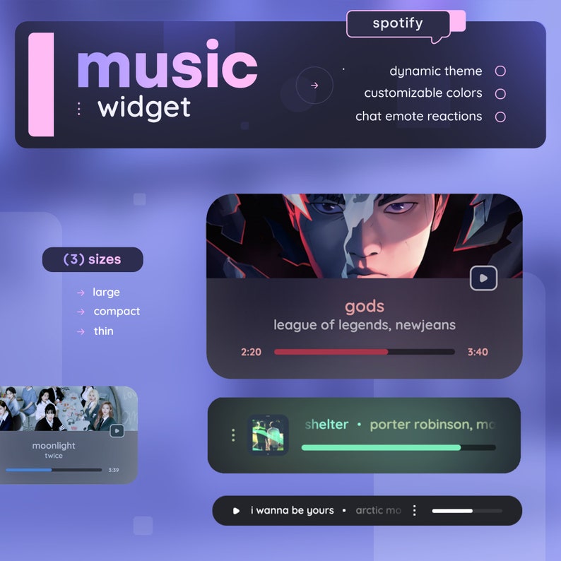 Op de afbeelding: Een screenshot van een Spotify-muziekwidget met een paarse achtergrond. De widget toont drie verschillende muziekspelers met albumhoezen, songtitels en artiestennamen. De widget heeft ook een afspeelknop, een voortgangsbalk en een volumeregeling. De widget is aanpasbaar met verschillende thema's, kleuren en chat-emoji-reacties.
