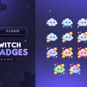 Clouds Sub & Bits Twitch Badges | 11 Cute Starry Cloud Streamer Loyalty and Cheer Stream Badges