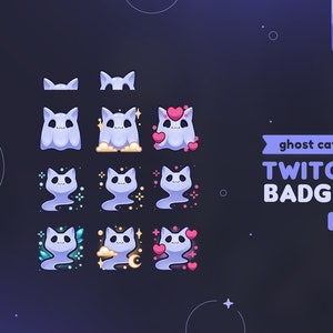 Ghost Cats Sub & Bits Badges // 11 Spooky Witchy Ghost Kitty Loyalty Badges / Halloween, Moon, Stars, Hearts, Glows