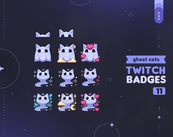 Ghost Cats Sub & Bits Badges || 11 Spooky Witchy Ghost Kitty Loyalty Badges | Halloween, Moon, Stars, Hearts, Glows