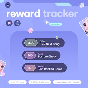 Könnte beinhalten: Eine digitale Belohnungs-Tracker-Oberfläche mit einem lila und blauen Farbschema. Der Text "reward tracker" steht oben. Es zeigt Belohnungsstufen für Aktionen wie das Auswählen eines Songs, die Überprüfung der Körperhaltung und das Beitreten zu einem Spiel an. Die Oberfläche ist anpassbar.