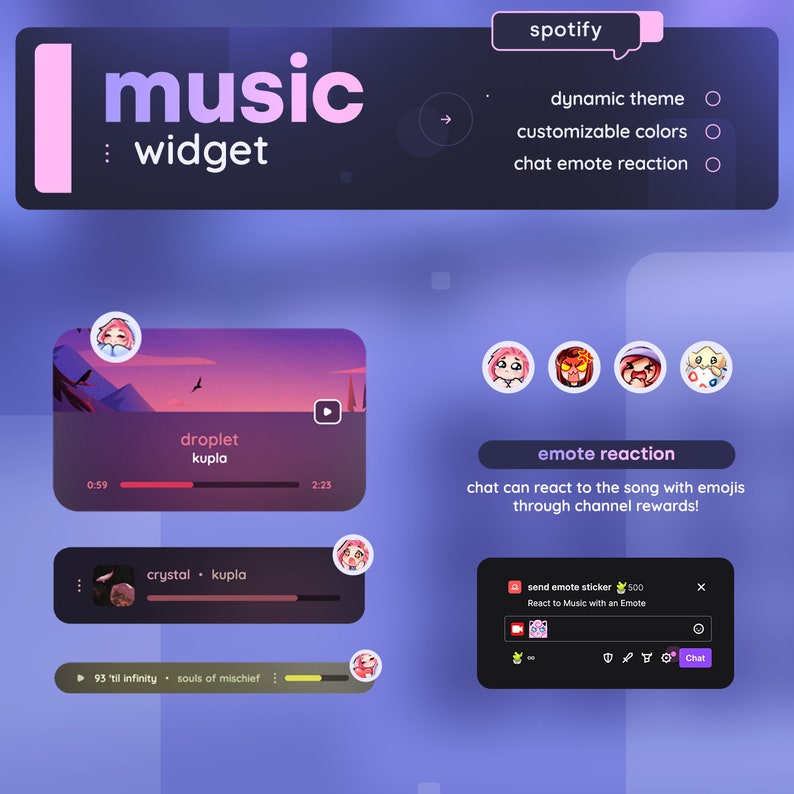 Op de afbeelding: Een screenshot van een muziekwidget voor Twitch, met een paarse achtergrond met een muziekspeler en een chat-emoji-reactie-functie. De muziekspeler laat het nummer "droplet" van "kupla" zien dat wordt afgespeeld. De chat-emoji-reactie-functie stelt kijkers in staat om te reageren op het nummer met emoji's via kanaalbeloningen.