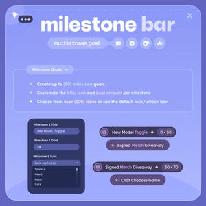 May include: A digital interface with the text "milestone bar" and "multistream goal." Features include creating up to 50 milestone goals, customizing titles, icons, and goal amounts, and choosing from over 100 icons. Includes options for "New Model Toggle" and "Signed Merch Giveaway."