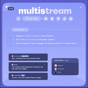 May include: A digital interface for multistreaming, featuring the text "multistream" in a stylized font. The interface includes chat messages, user icons, and a "Glossy Chat" option. It supports Twitch's "Stream Together" feature.