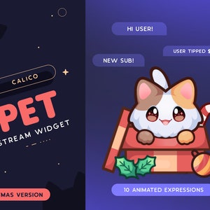 Glückskatzen Weihnachten Stream Haustier | Weihnachtsgeschenk Animiertes Kitty Maskottchen Twitch Widget | Reagiert auf Ereignisse und benutzerdefinierte Anweisungen | 10 Ausdrücke