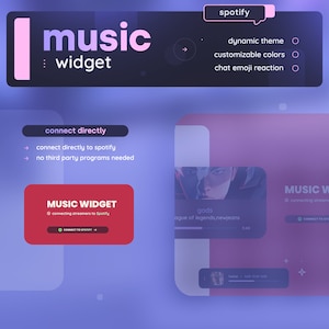Op de afbeelding: Een screenshot van een website die een muziekwidget laat zien die rechtstreeks verbinding maakt met Spotify. De widget heeft een rode achtergrond met witte tekst en een groene knop met de tekst "Verbind met Spotify". De widget bevindt zich op een paarse achtergrond met een witte pijl die naar rechts wijst. De website toont ook een lijst met functies voor de widget, waaronder een dynamisch thema, aanpasbare kleuren en chat-emoji-reacties.