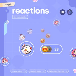 Puede incluir: Una pantalla morada con un widget titulado "reacciones" con una barra de búsqueda etiquetada como "personalizable". El widget muestra una variedad de emojis animados, incluidos corazones, un pollo y una cara llorando. El texto "28" se muestra en un cuadro blanco.