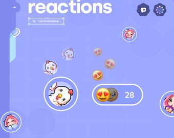 May include: A purple screen with a widget titled "reactions" with a search bar labeled "customizable". The widget shows a variety of animated emojis, including hearts, a chicken, and a crying face. The text "28" is displayed in a white box.