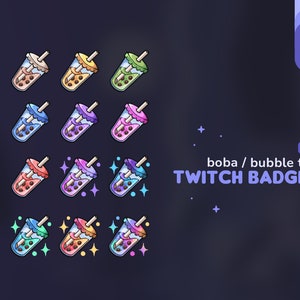 Boba Twitch Sub & Bits Badges || 12 Boba Bubble Tea Badges
