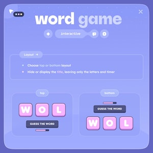 May include: A digital interface for a word game, featuring a purple and blue color scheme. The text "word game" is displayed at the top, with interactive options. The layout includes options for top or bottom layouts and hiding the title.
